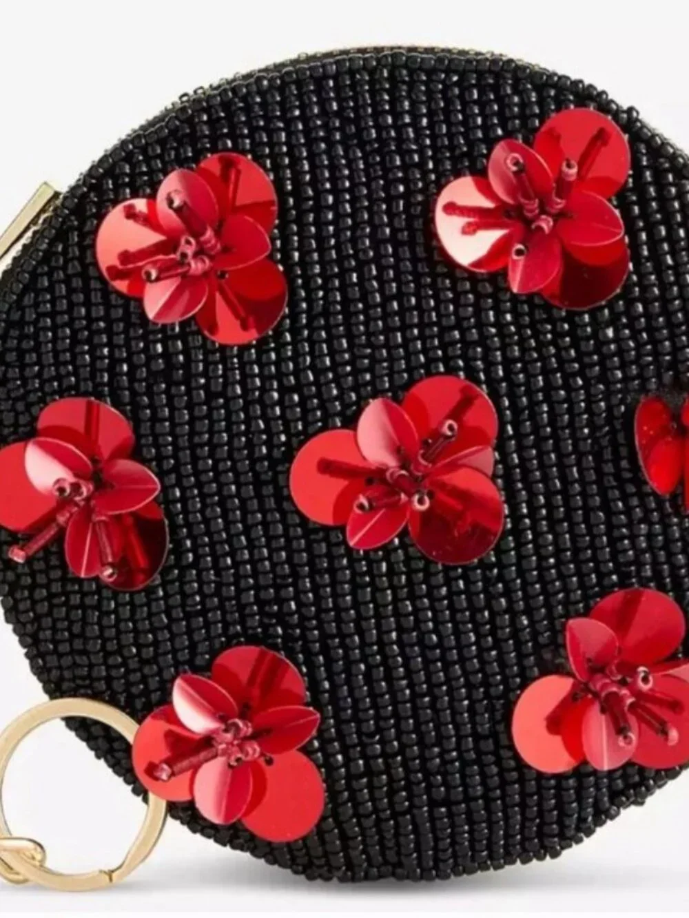 On 34th beaded round coin purse pouch for women girls -Black with red 3D flowers